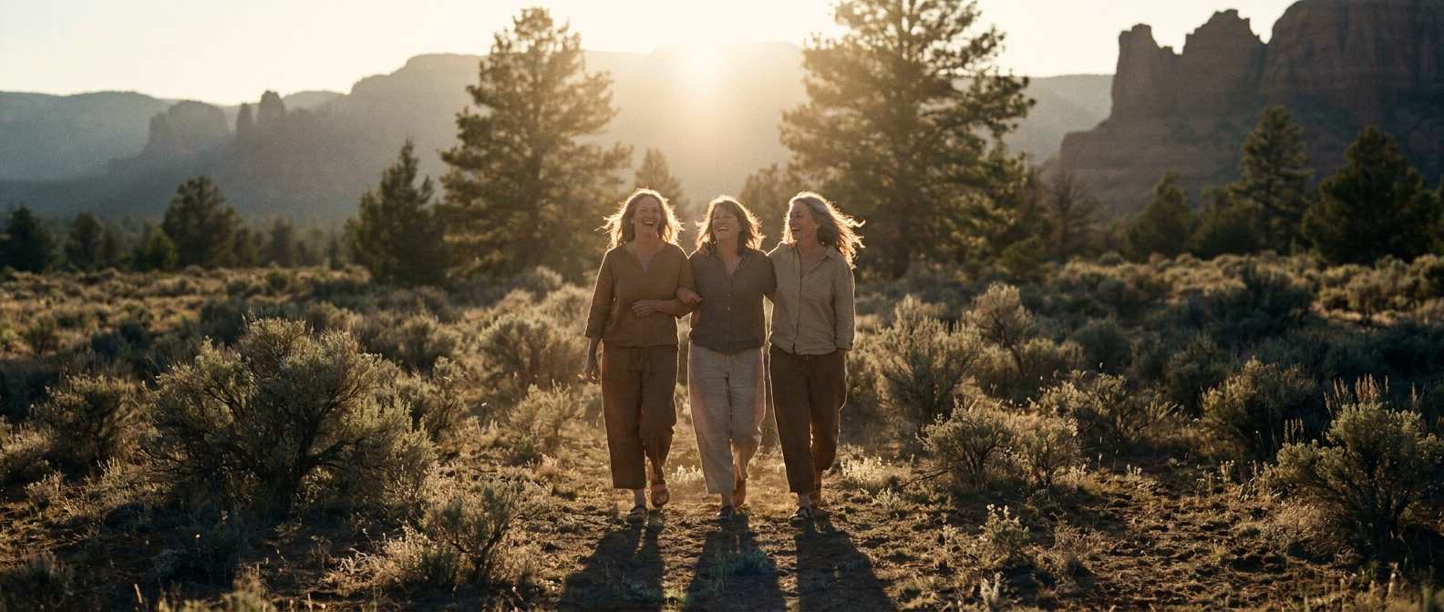 Three women walking arm in arm across high-desert ground at dawn, small against an immense golden sunrise